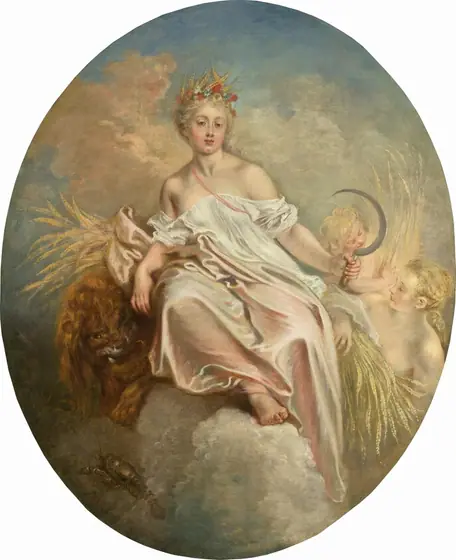 A woman wearing a white and pale pink robe and holding a sickle sits on billowing clouds flanked by a lion and two young people in this vertical, oval painting. All three people have pale skin with rosy cheeks and blond hair.