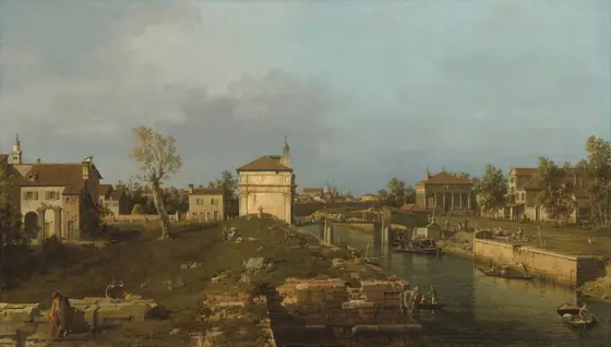 Warm light pours onto white stone and brown brick buildings in a grassy landscape in this horizontal painting. Tiny people walk, stand, sit, and work across the turf, among the buildings, and over a bridge spanning a canal to our right.