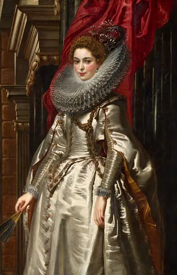 Shown from the knees up, a woman with smooth, pale skin and rosy cheeks wears a satin gown and densely pleated, wide collar in this vertical portrait painting.