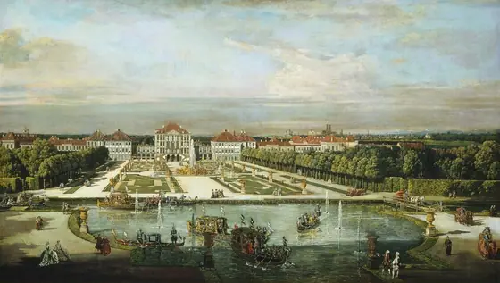 This painting is of a garden landscape in front of a large palace, seen from an elevated perspective.