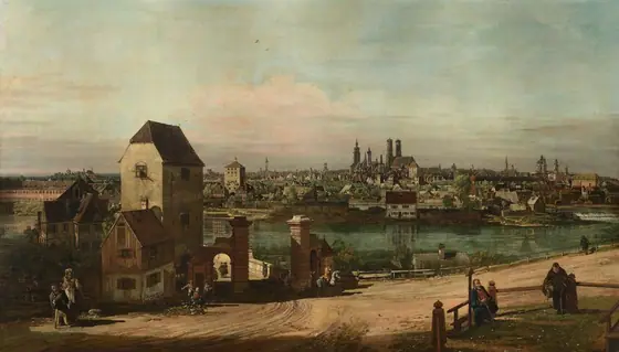 Afternoon sunlight pours over a town crowded along the banks of a serene, glass-green river that runs through the middle of this horizontal painting. Several buildings cluster to our left on the riverbank close to us.
