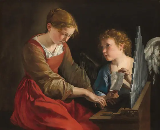 A young woman plays a small pipe organ while a winged angel holds up a piece of sheet music in this horizontal painting. A strong light source illuminates the scene from our right, creating deep shadows in the dark background.