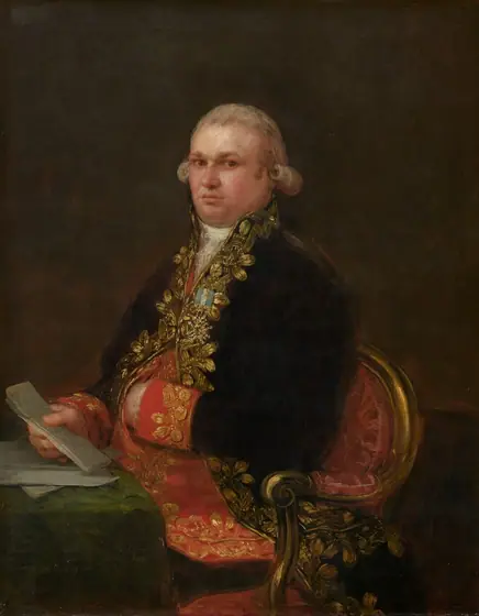 Shown from the hips up, a pale-skinned, heavy-set, elegantly dressed man sits at the corner of a table, looking at us in this vertical portrait painting.