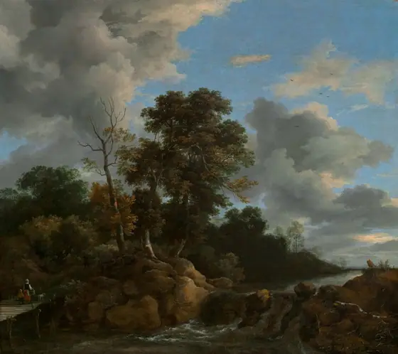 We look across a river and slightly up at a pair of tall, leafy trees framed by steely-gray clouds against a a vivid blue sky in this nearly square landscape painting.