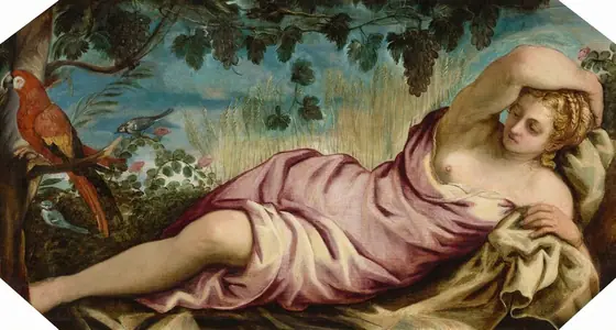 A pale-skinned woman with honey-blond hair reclines among wheat stalks and grape vines in this horizontal painting. She lies on her side with her head to our right and her body facing us. Her upper body is propped on her left elbow.