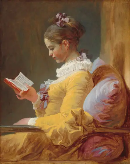 Shown from the lap up, a young woman with pale skin, wearing a goldenrod-yellow dress, sits reading a small book, facing our left in profile in this vertical painting.