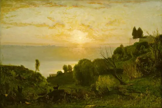This painting shows a green landscape from an elevated viewpoint. In the distance, light blue water meets a pale-yellow sky, and the sun casts a golden glow over the landscape.