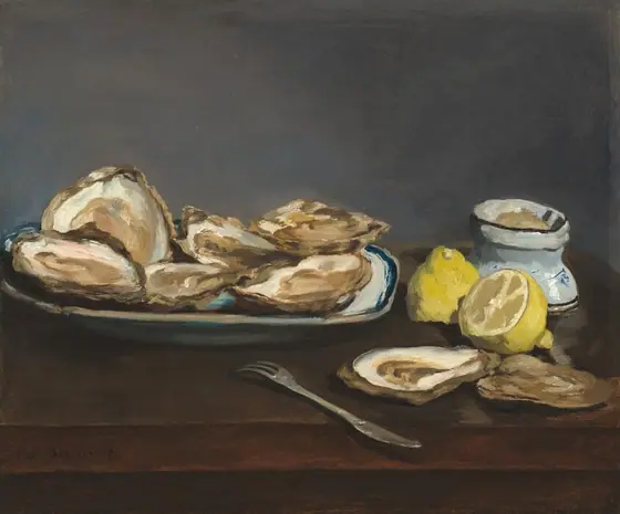 A plate of oysters, a halved lemon, an oyster fork and shells, and a dish of salt are arranged on a wooden tabletop in front of a gray wall in this horizontal still life painting.