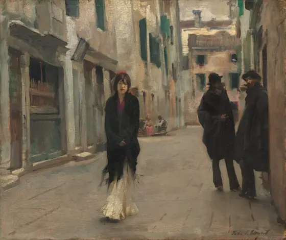 A thin, narrow-shouldered woman holding a black shawl close to her body walks toward us down an alleyway past a pair of men wearing all black in this horizontal painting.