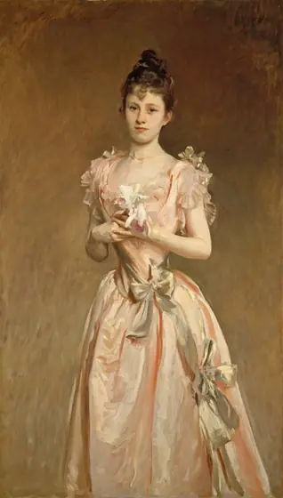 Shown from about the knees up, a young woman with pale skin, wearing a long, flowing, peachy-pink satin dress, looks at us in this vertical portrait painting.