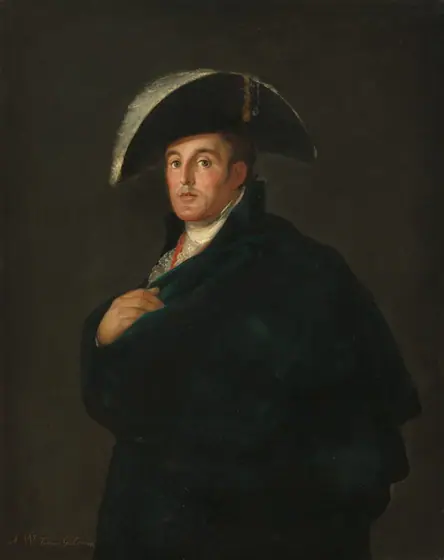 This painting is a portrait of a man from the waist up. He is positioned slightly to the left, with his head turned toward us. He has light skin, green eyes, a faint moustache, and a neutral expression.