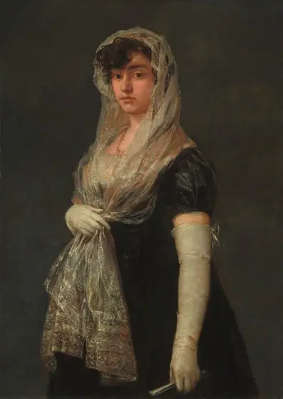 Shown from the knees up against a dark gray background, a young woman with peachy skin stands with her body angled to our left and she looks at us with brown eyes in this vertical portrait painting.