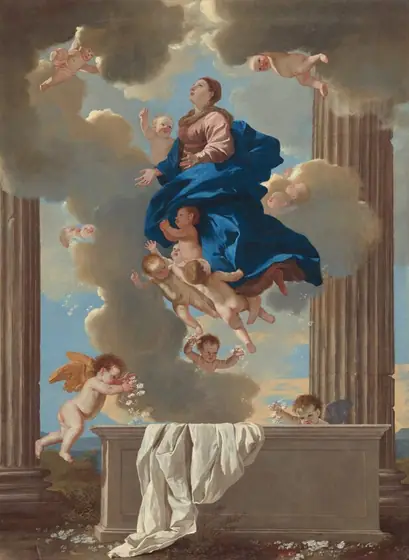 A woman floats among billowing clouds over a rectangular stone coffin in this vertical painting.