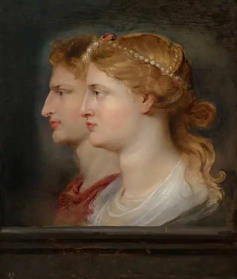 Shown from the shoulders up, a man and woman face our left in profile against a dark background in this vertical portrait painting. The woman is situated closer to us so she overlaps the man, whose profile is shifted to our left.