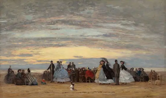 About three dozen men and women sit, stand, or stroll along a sandy beach beneath a sunset-streaked sky in this horizontal landscape painting.