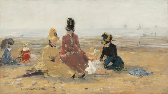 This is a painting of a seaside scene with people sitting on a sandy beach. In the center is a group of three women and one child. The women wear high-necked dresses and tall hats in shades of red, yellow, and pink.