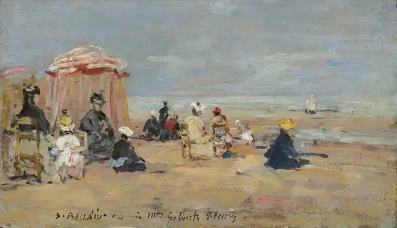 This painting shows a beach scene with people gathered on the sandy shore, facing away from us, looking towards the water. The horizon is in the center of the image, with the pale green-blue sea meeting the slightly darker blue sky.