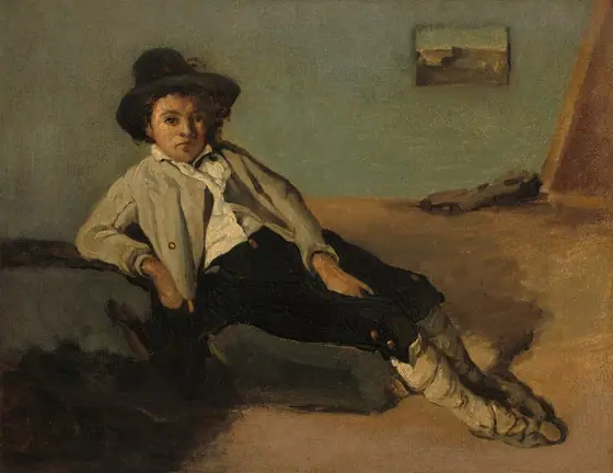 This painting depicts a young boy sitting in a relaxed position, with his right arm leaning on a black surface. He has pale skin, wide eyes, and a small, slightly downturned mouth.