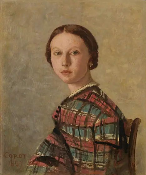 This painting depicts a young woman from the chest upwards, seated in a slightly turned position to the left.