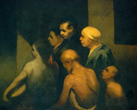 This painting shows six people standing closely together, facing the left, mostly seen from the waist up. The scene is heavily shadowed, and the facial features of the people are mostly made of dark lines.