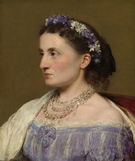This painting is a detailed portrait featuring the upper body of a woman seen in side profile, facing the left.