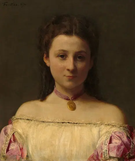 Shown from the chest up, a young, pale-skinned woman faces and looks out at us with a slight smile on her lips in this vertical portrait painting.