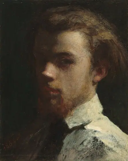 This painting shows a man's head and shoulders in a portrait. He is turned slightly to the left, looking out towards us. The left half of his face and torso are in shadow.
