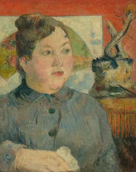 This painting shows a woman from the chest up, with her head slightly turned to the right. She has fair skin, red lips, and brown hair in an updo.