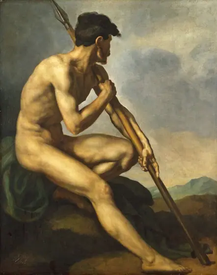 A nude, muscular, pale-skinned man sits on a rock in front of a deep, shadowy landscape in this vertical painting. Most of the man’s body is silhouetted against the sky, and he nearly fills the picture.