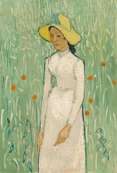 Shown from the knees up, a pale-skinned woman wearing a floppy, canary-yellow hat and a long white dress stands in a field of spring green in this vertical painting. Brushstrokes and loose dabs of paint are visible throughout.