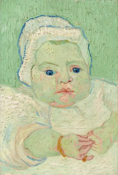 In shades of mint, laurel, and eucalyptus green, the head and shoulders of a chubby baby fill this vertical portrait painting.