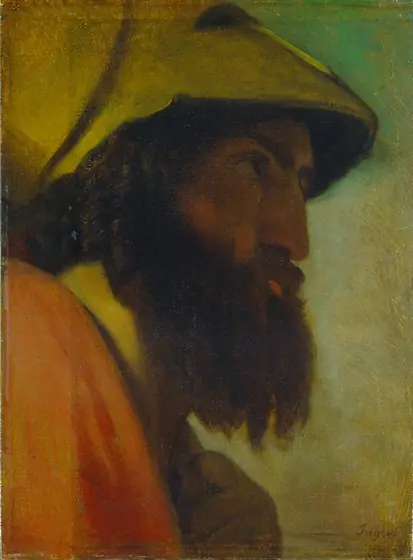 This painting shows a man's upper body and his face, seen from below. The man is positioned in profile, facing the right side of the painting.
