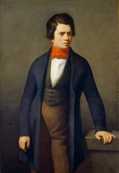 Shown from the knees up, a pale-skinned, clean-shaven man stands looking off to our right in this vertical portrait painting.
