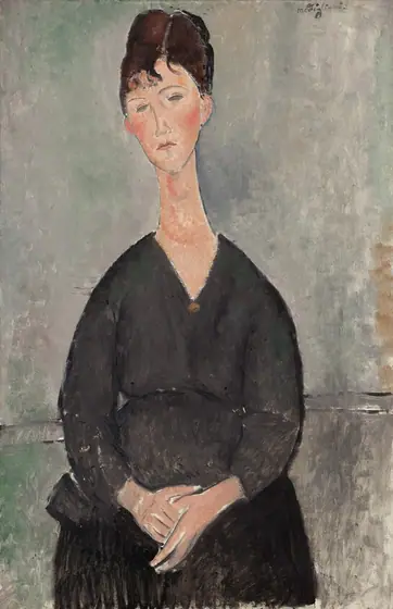 Shown from the knees up, a woman wearing a black dress is painted with areas of mottled color in this vertical painting. The woman’s body faces us, her shoulders sloping steeply down from her elongated neck.