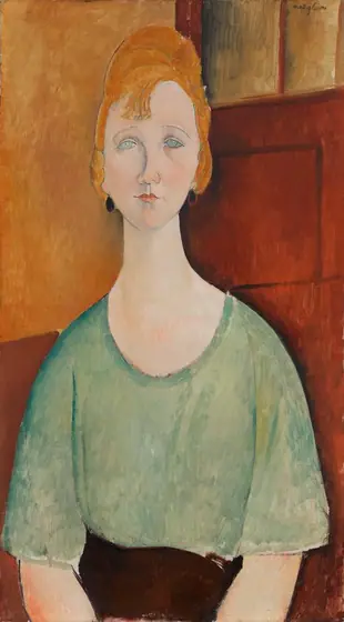 Shown from the lap up, a pale-skinned woman with an oval face and long neck sits facing us in this vertical painting. The portrait is created with areas of mottled colors outlined with black lines.