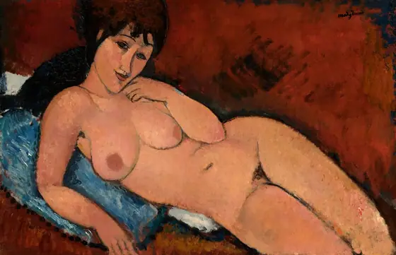 A nude woman with long, dark brown hair and peach-colored skin reclines against a denim-blue cushion in this stylized, horizontal painting. The painting is done mostly with areas of mottled color outlined in delicate black lines.
