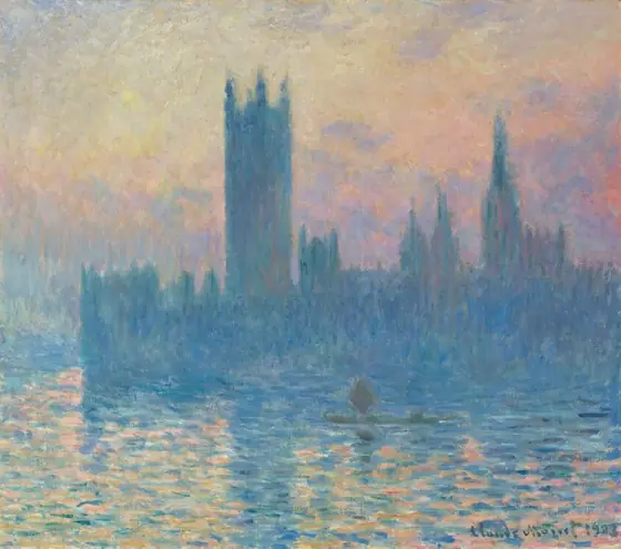 A row of spire-like structures of different heights is silhouetted in azure blue against a soft pink, yellow, peach, and lavender-purple sunset and reflected in a rippling river in this nearly square landscape painting.