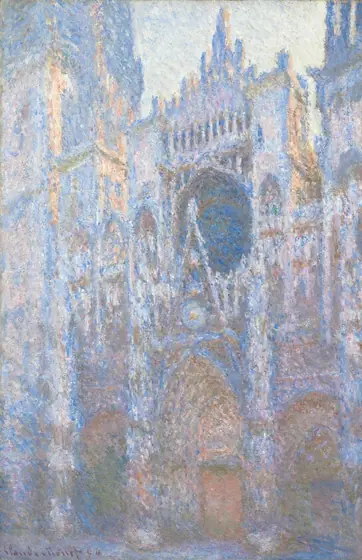 We look up at the exterior of a church that soars the height of this vertical painting.
