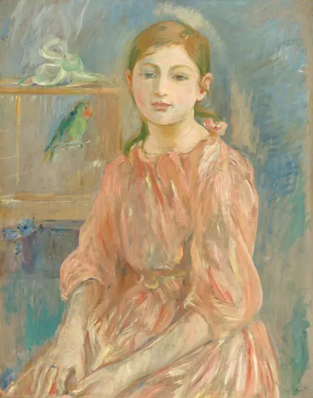 Shown from the knees up, a young girl with pale skin, wearing a coral-peach dress, sits facing and looking at us in this loosely painted, vertical portrait. Her knees are angled slightly to our left, and her hands rest in her lap.
