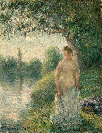 A pale-skinned woman standing on a riverbank holds a white cloth against her mostly nude body in this vertical landscape painting.