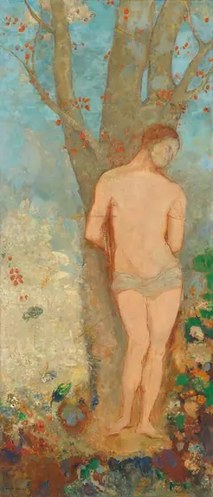 This painting displays a man standing upright, with his back against a tree. His hands are behind his back, and his face is turned to the right. He has pale skin, and his face is a mix of pale pink and light blue.