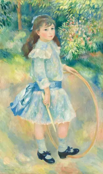 A young girl with pale skin and long brown hair looks at us as she braces a tall, wooden hoop with one hand by her hip in this vertical painting.