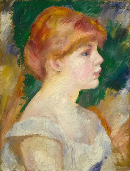 This painting shows a close-up side profile of a young woman facing the right, showing her from the chest up. The woman has a fair complexion, rosy cheeks, and light pink lips.