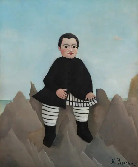 A pale-skinned boy with round, almost doll-like proportions sits on pointed rocks in front of a pale blue sky in this slightly stylized, vertical painting. The boy’s body and face are square to us.