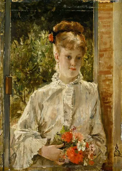 Young Woman in White Holding a Bouquet, Alfred Stevens, c. 1865/1875, oil on wood