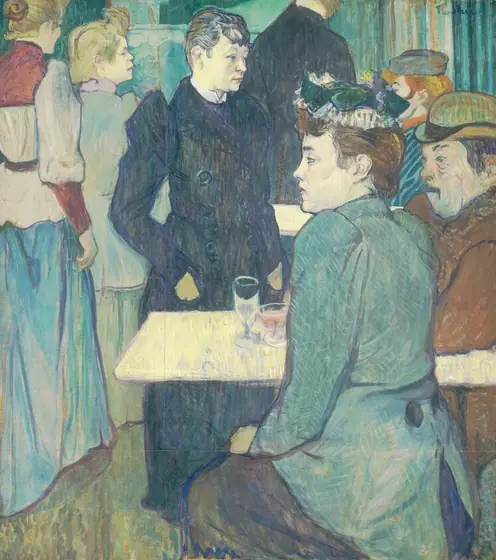 Seven people with cream-white skin crowd together, sitting at or standing among tables in an interior space in this vertical painting. The composition is dominated by shades of blue and pale green.
