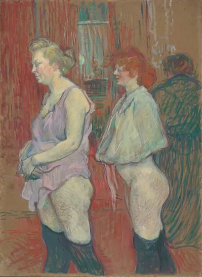 Shown from the knees up, two pale-skinned women stand in profile facing our left, holding their skirts around their waists so their buttocks and thighs are exposed in this vertical painting.