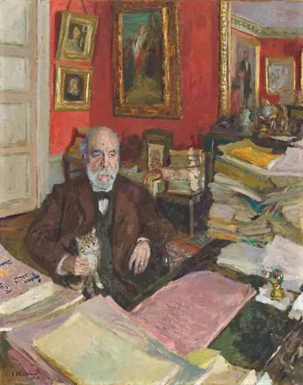 We look slightly down onto a balding, bearded man with pale, peachy skin and wearing a three-piece suit, seated in a wooden armchair behind an L-shaped desk, in this loosely painted vertical portrait.