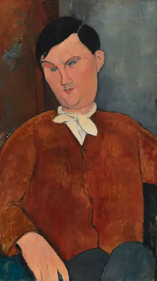 Shown from the lap up, a person with peach-colored skin sits facing us as he looks down and to our left in this vertical, stylized, portrait painting.