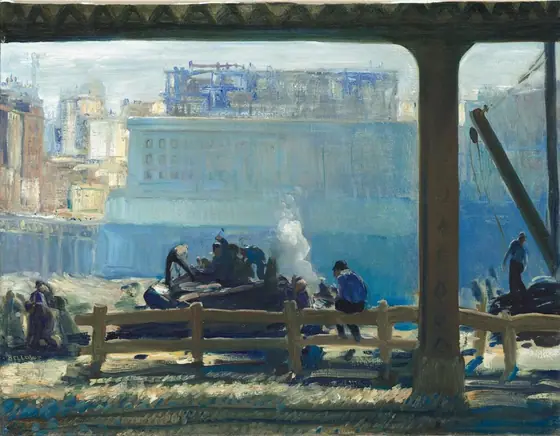 From under an elevated train track, we look at a cluster of people hammering and working on the far side of a wooden fence, all against a silvery-blue building that fills most of the background in this horizontal painting.